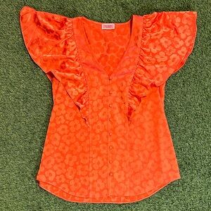 Kate Spade Womens Blouse Red Floral Poppy Field Jacquard V-Neck Button Shirt